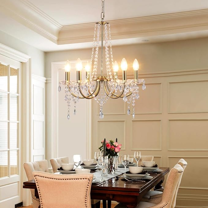Crystal Gold Chandeliers for Dining Room, Modern Crystal Brass Chandelier Light Fixture, Vintage Pendant Light for Living Room Bedroom Bathroom Entryway Hallway E12 Bulbs D19 in x H24 in