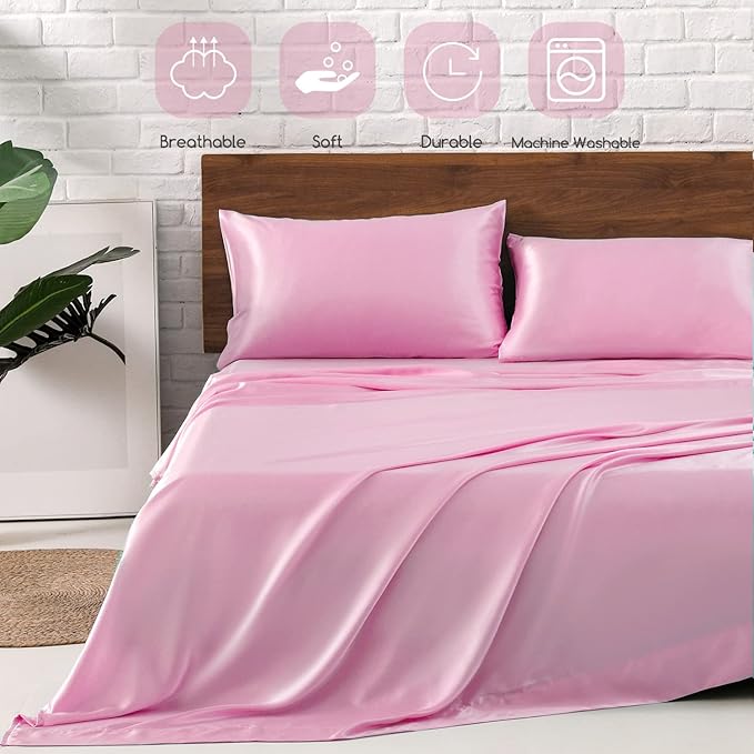 MR&HM Satin Bed Sheets, Twin XL Size Sheets Set, 3 Pcs Silky Bedding Set with 15 Inches Deep Pocket for Mattress (Twin XL, Pink)