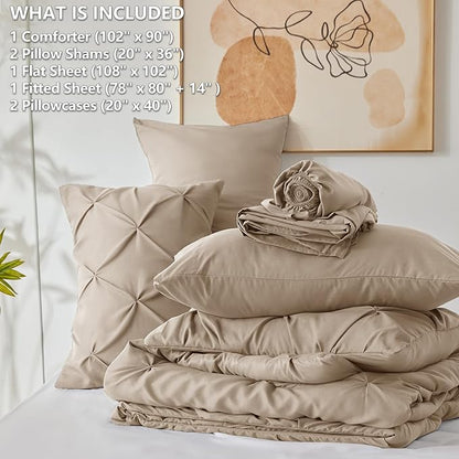 CozyLux King Size Comforter Set Khaki, 7 Pieces Pintuck Bed in A Bag Khaki Comforter King Size, Pinch Pleat Bedding Set with All Season Comforter, Sheets, Pillowcases & Shams