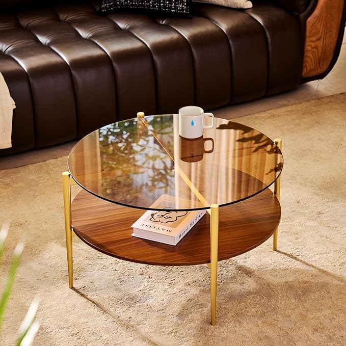 AGV LIGHTING Round Glass Coffee Table, Mid-Century Modern Coffee Table for Living Room, Glod Finish Leg, Coffee Brown Top & Walnut Wood Shelf