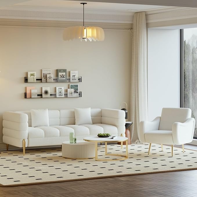 homary White Boucle Accent Chair with Gold Metal Legs, Modern Plush Armchair for Living Room, Reading Chair with High-Density Foam Cushion
