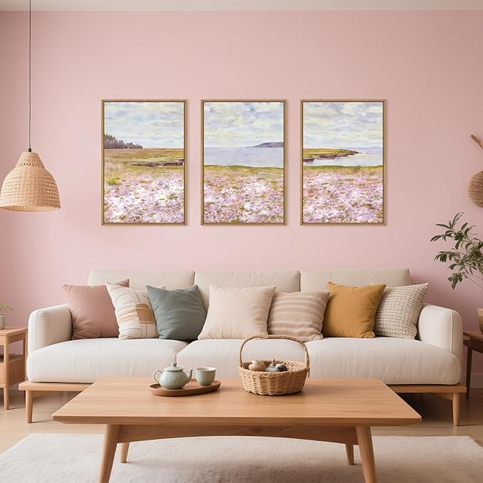 HOURIA Pink Wildflower Coastal Landscape Framed Canvas Wall Art Set,Green Meadow Field Wall Decor,Watercolor Beach Wall Painting,Modern Seaside Wall Decor for Living Room, Bedroom, Farmhouse-24"x36"x3