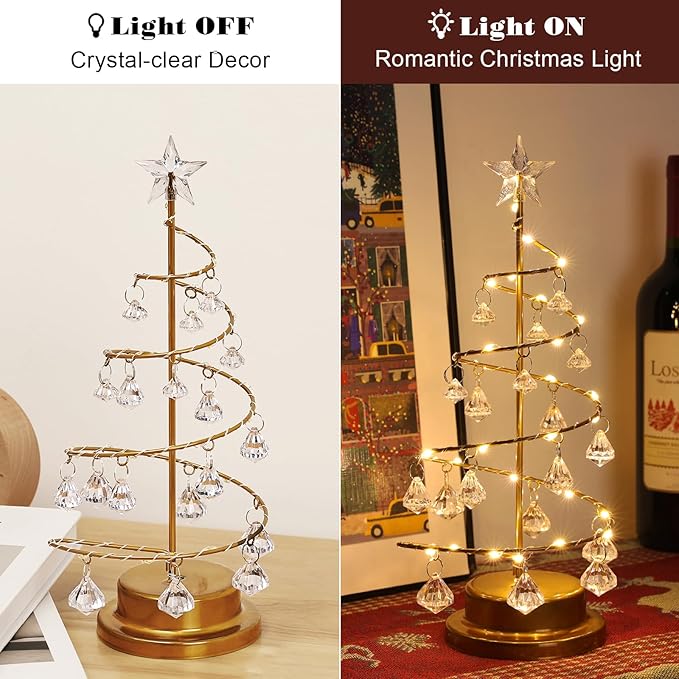 Lewondr Christmas Tree Light, 11'' Battery Operated Christmas Tree Night Light, Crystal Spiral Xmas Tree Table Lamp with Star Light & Metal Stand, Christmas Decoration for Home Room Desk Indoor, Gold