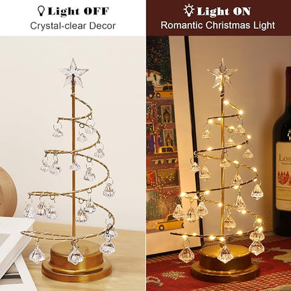Lewondr Christmas Tree Light, 11'' Battery Operated Christmas Tree Night Light, Crystal Spiral Xmas Tree Table Lamp with Star Light & Metal Stand, Christmas Decoration for Home Room Desk Indoor, Gold