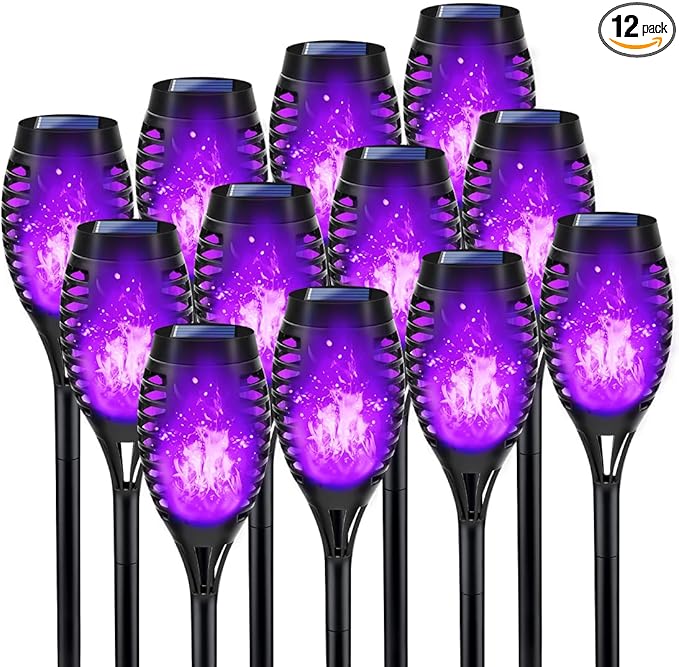 12Pack Purple Solar Torch Lights for Outdoor Halloween Decorations, Halloween LED Lights for Outdoor Decor, Solar Flame Torches for Outside Decor, Luces Solares for Pathway Garden Yard Decorations