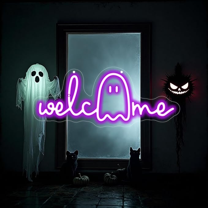 Welcome Ghouls Neon Sign, Spooky Ghost LED Halloween Decor, Haunted House Entryway Light, Available Gothic Haunted Mansion Light for Bedroom Bar Cave Room Decor Party Home-Purple