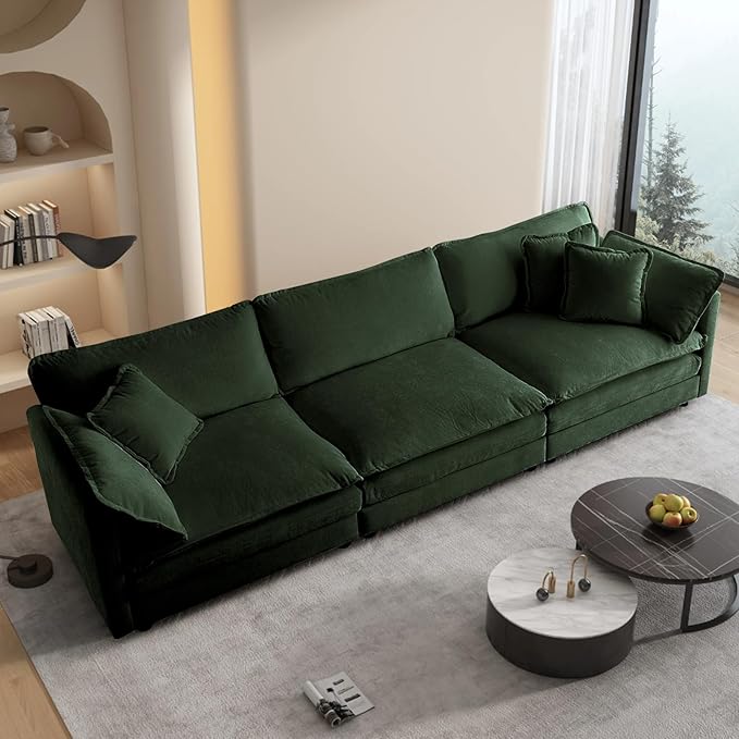 SoarFlash Chenille Sectional Sofa, Comfy Modular Loveseat Sofa, Modern 3-Seat Couch Deep Seat Sofa Set for Living Room,Green