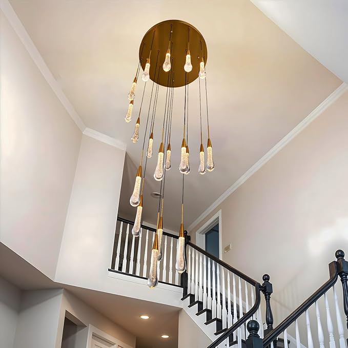 Large Raindrop Chandelier for Foyer, Entryway, 19-Light Gold Chandeliers for High Ceilings, Staircase, Luxury Long Big Hanging Light Fixtures with Glass, Brass Pendant Light Fixtures Living Room