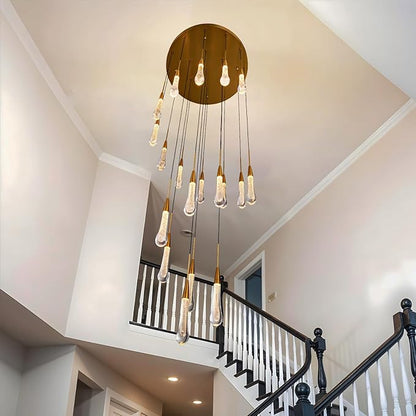 Large Raindrop Chandelier for Foyer, Entryway, 19-Light Gold Chandeliers for High Ceilings, Staircase, Luxury Long Big Hanging Light Fixtures with Glass, Brass Pendant Light Fixtures Living Room