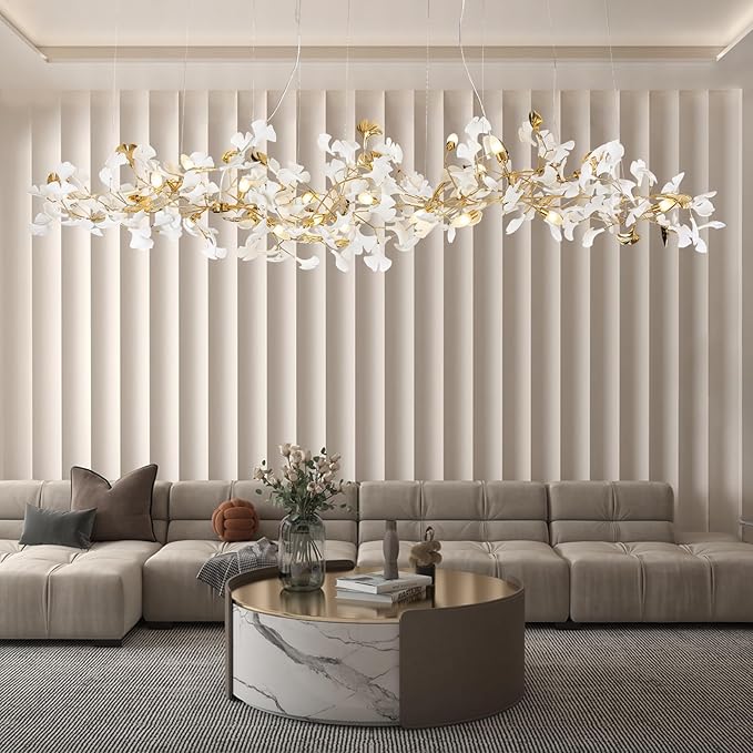 L98.42 Large Modern Chandelier for Entryway, 20-Light Gold Tree Branch Chandeliers, Luxury Ceramic Ginkgo Ceiling Light Fixtures, Hanging Brass Chandelier for Dining Room, Living Room