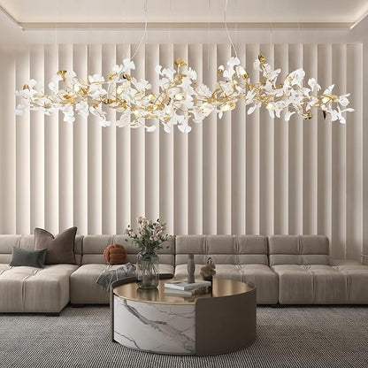 L98.42 Large Modern Chandelier for Entryway, 20-Light Gold Tree Branch Chandeliers, Luxury Ceramic Ginkgo Ceiling Light Fixtures, Hanging Brass Chandelier for Dining Room, Living Room