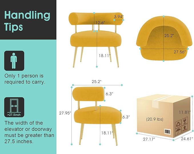 Modern Velvet Accent Chair, Round Upholstered Barrel Armchair for Small Spaces, Fluffy Side Corner Chair for Living Room, Bedroom(Yellow)