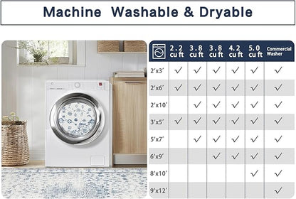 Washable Rugs 8x10 Area Rugs for Living Room,Rugs for Bedroom,Large Carpets,Ultra Soft Faux Wool Retro Dining Room Rug,Non Slip&Non-Shedding Low Pile Vintage Print Rug for Home Office-Blue