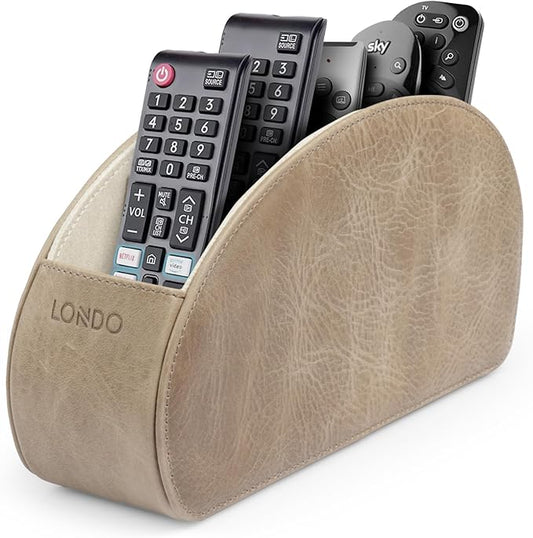 Londo Remote Control Holder with 5 Pockets - Store DVD, Blu-Ray, TV, Roku or Apple TV Remotes - Italian Genuine Leather with Suede Lining - Slim, Compact Living or Bedroom Storage