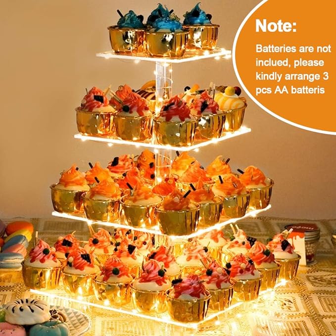 YestBuy 4 Tier Cupcake Stand Acrylic Tower Display with LED Light Premium Holder Dessert Tree Tower for Birthday Cady Bar Décor Weddings, Parties Events (Yellow Light)