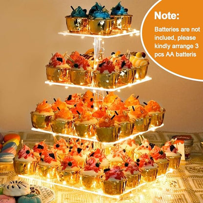 YestBuy 4 Tier Cupcake Stand Acrylic Tower Display with LED Light Premium Holder Dessert Tree Tower for Birthday Cady Bar Décor Weddings, Parties Events (Yellow Light)