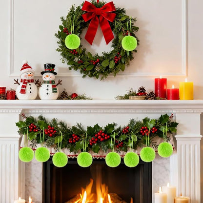 12 Pcs Lime Green Furry Christmas Balls Ornaments Green Christmas Hanging Decorations for Xmas Tree Faux Fur Pom Pom Ball Ornaments for Wreath Fireplace Wall Home Party Supplies