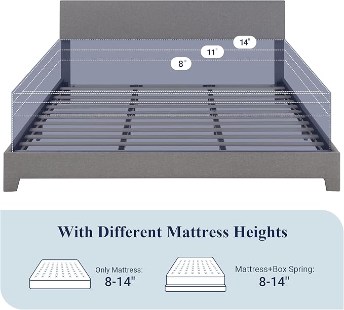 Allewie King Size Platform Bed Frame with Adjustable Upholstered Headboard, Strong Wood Slats, Heavy Duty Mattress Foundation, No Box Spring Needed, Noise-Free, Easy Assembly, Light Grey
