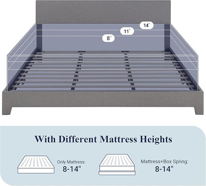 Allewie King Size Platform Bed Frame with Adjustable Upholstered Headboard, Strong Wood Slats, Heavy Duty Mattress Foundation, No Box Spring Needed, Noise-Free, Easy Assembly, Light Grey