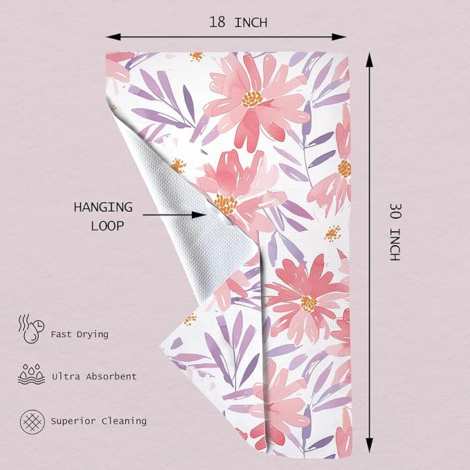 Eunzel Kitchen Tea Towel Quick Dry Microfiber Absorbent Dish Towels with Hanging Loop, Blush Floral Breeze