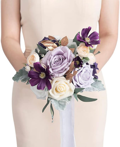 Ling's moment Artificial Flowers Purple Bridesmaid Bouquet, Lavender Wedding Flowers Bouquets for Bridesmaids, 7 Inch Bridal Bouquets for Bridesmaids, Wedding, Ceremony, Anniversary, etc
