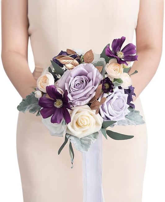 Ling's moment Artificial Flowers Purple Bridesmaid Bouquet, Lavender Wedding Flowers Bouquets for Bridesmaids, 7 Inch Bridal Bouquets for Bridesmaids, Wedding, Ceremony, Anniversary, etc