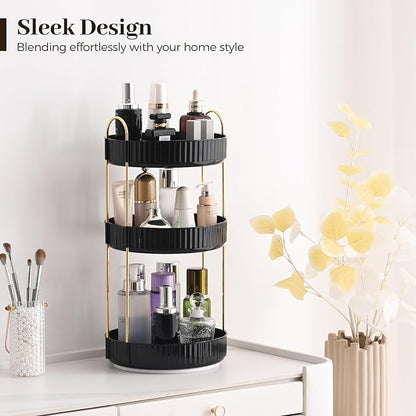 Aveniee 360 Rotating Makeup Organizer for Vanity, Large Spinning Bathroom Counter Organizer Shelf Holder for Cosmetics, Skin Care, Lipsticks,3 Tiers, Black