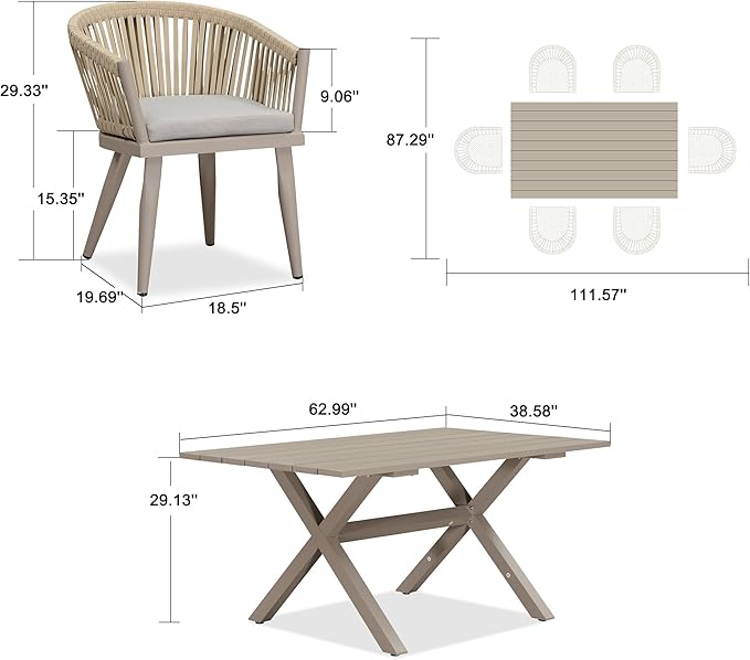 PURPLE LEAF 7 Pieces Outdoor Dining Set with Patio Aluminium Dining Table and Wicker Rattan Chairs Modern Furniture Cushions Sets for Backyard Indoor Decor Kitchen Champagne