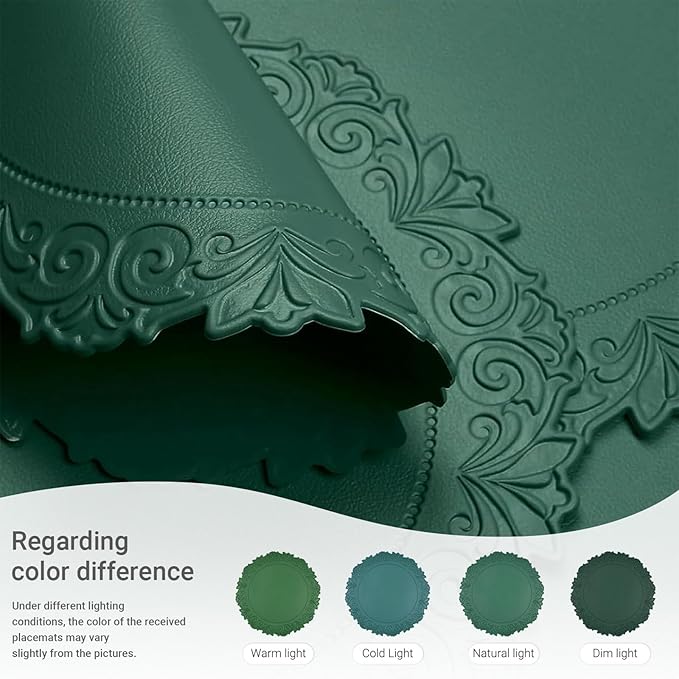 Noctiflorous Round Faux Leather 15 Inch Placemats Set of 6 Waterproof Wipeable Heat Resistant Tablemat for Dining Table Kitchen Non Slip Oilproof Table Place Mat for Indoor Outdoor(Green, 6)