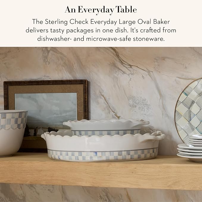 MACKENZIE-CHILDS Everyday Oval Casserole Baker, Cute Oven Baker, Large, Gray-and-White Sterling Check