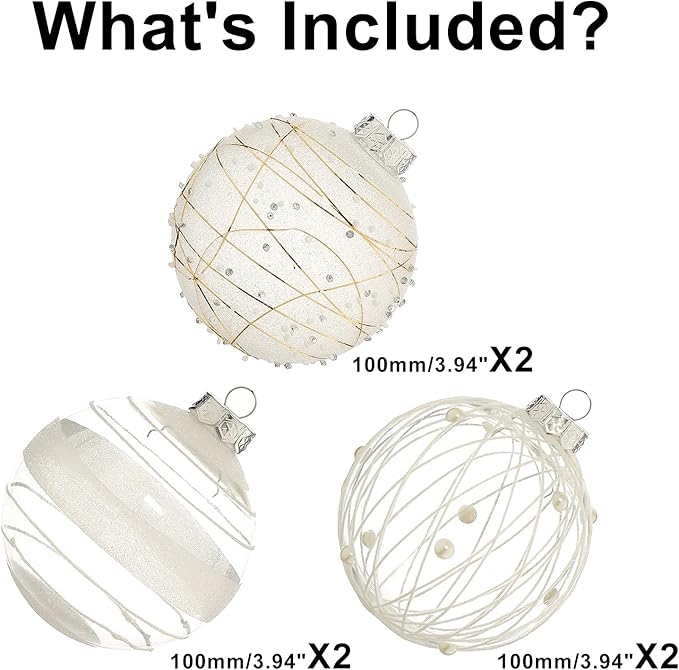 XmasExp Christmas Ball Ornaments Set, Shatterproof Christmastree Decorations,6ct Large Plastic Hanging Ornaments,100mm/4,White
