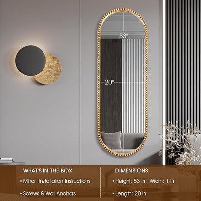 Oval Full Length Wall Mirror, 20"x53" Metal Beaded Frame Large Hanging Dressing Floor Mirror for Bedroom, Living Room, Entryway, Antique Gold (No Stand)