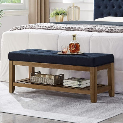 24KF Large Rectangular Upholstered Tufted Linen Fabric Ottoman Bench, Padded Bench with Solid Wood Shelf-Navy Blue