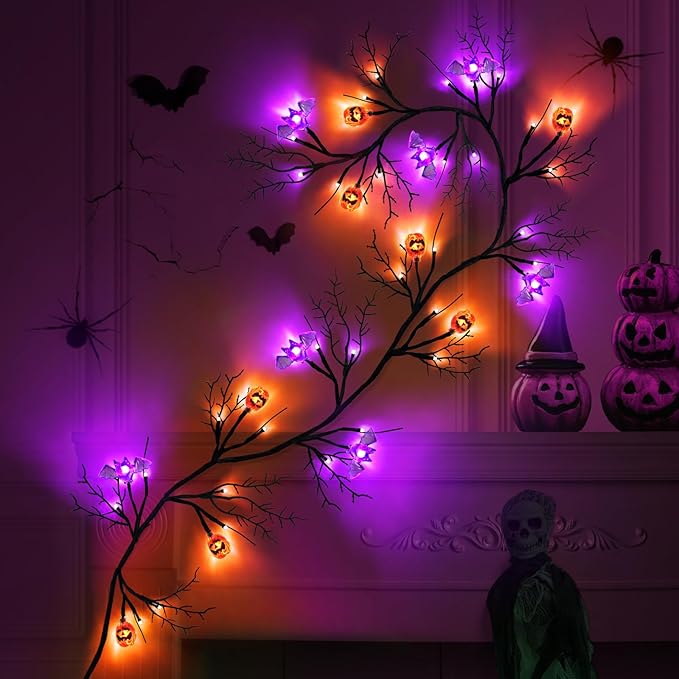 6 Ft 54 LED Halloween Willow Vine Twig Decor Garland with 8 Modes Timer 9 Pumpkins 9 Bats Waterproof Battery Operated Scary Halloween Decorations for Home Wall Mantle Fireplace Decor