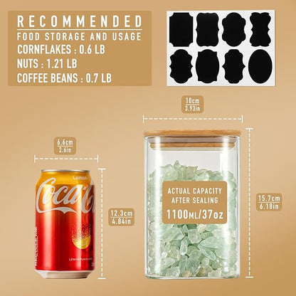 37oz Airtight Glass Square Storage Canister with Bamboo Lid Set of 4 (1100ml) Container Stackable Jar, Kitchen Canister for Pantry Noodles, Flour and Coffee beans (‎with Black Lable)