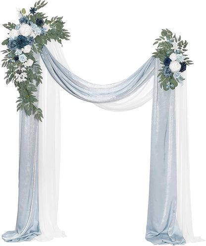 Ling's Moment Dusty Blue Artificial Wedding Arch Flowers Kit Pack of 4, 2pcs Hanging Flower Arrangement 2pcs Chiffon Drape Ceremony Spring Fake Silk Rose Arbor Backdrop Floral Swag Outdoor Beach Decor