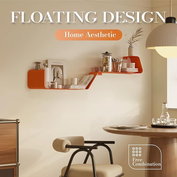 Floating Wall Shelves Set of 3, Metal Mounted Shelf with Unique Design, Bookshelf for Storage & Display in Bathroom, Bedroom, Kitchen, Living Room, Orange Home Decor