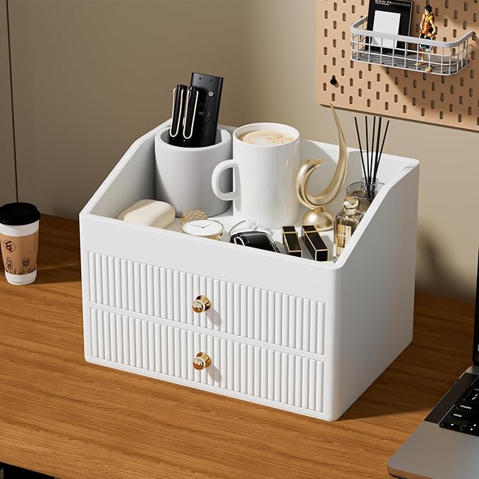 Desk Organizer,Beige White Vegan Leather Desk Accessories & Workspace Organizers with 2 Drawers Key Holder with Gold-Tone Metal Accents knob，Jewelry Box,Nightstand
