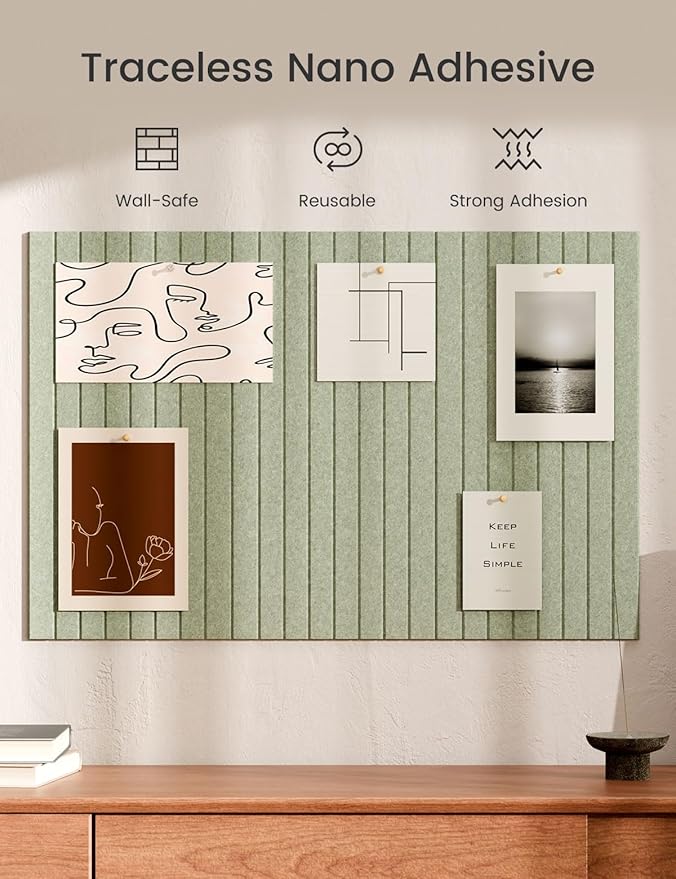 Bumusty Large Cork Board Alternative-36 x24 Felt Bulletin Board Tiles, with 30 Pushpins, 40 Adhesive Tabs, 6-Pack Slat Wall Paneling, Cork Boards for Office Push Pin Board Felt Board-Sage