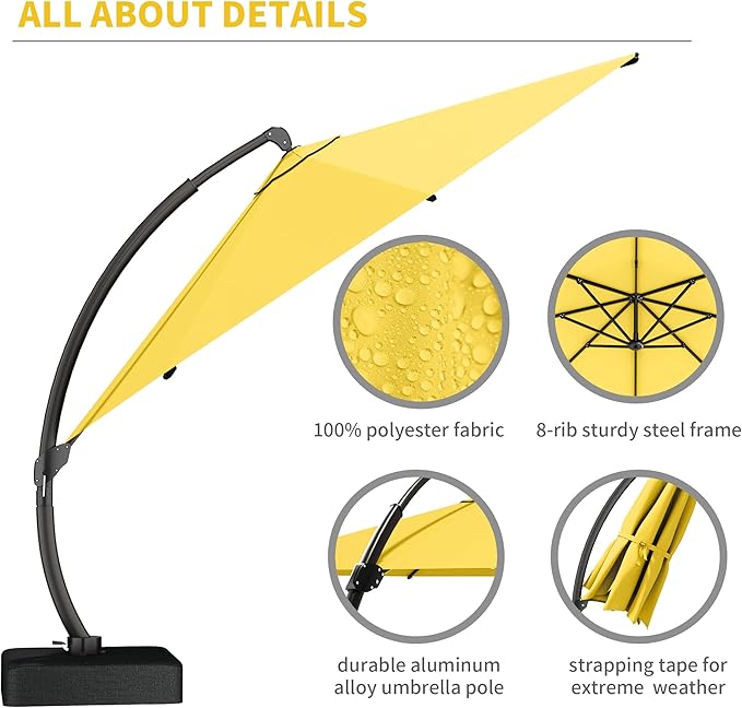 Kingdura 11ft Offset Cantilever Patio Umbrella with Base Included, Large Round Aluminum Outdoor Umbrella, 360° Rotation & Infinite Tilt, Heavy Duty Frame for Deck Pool Backyard, Yellow