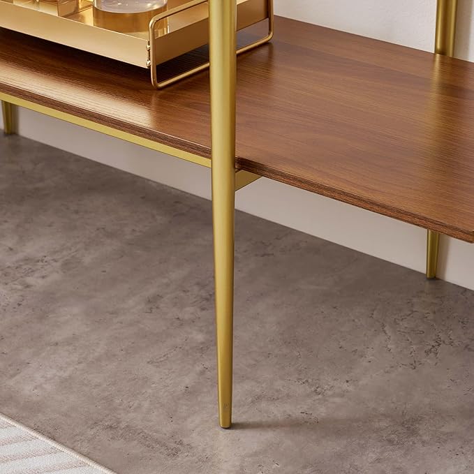 Extra Large Glass Console Table for Living Room, Foyer & Entrance, L47 x W16 x H31, Mid-Century Modern Sofa Table with Clear Glass Top, Walnut Finish Wood Top and Gold Finish Metal Frame