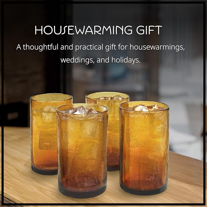 Artland 17oz Highball Tumbler, Set of 4 | Iris Seeded Design, Amber | Drinking Glass for Parties and Everyday Use - Mojito, Whiskey, Cocktail | Glassware & Kitchenware Essentials