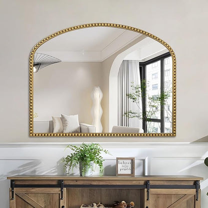28"x36" Large Arch Wall Mirror, Decorative Beaded Frame Hanging Vanity Mirror for Dresser, Bathroom, Entryway, Bedroom, Mantel, Antique Gold
