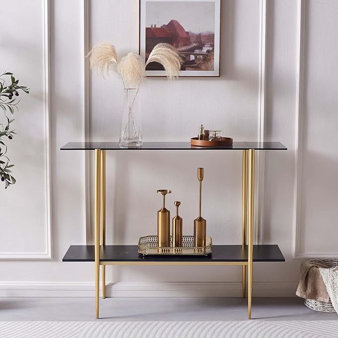 Glass Console Table for Living Room, Foyer & Entrance, 2-Tiers Mid-Century Modern Sofa Table with Grey Glass Top, Black Marble Finish Wood Shelf and Gold Finish Frame