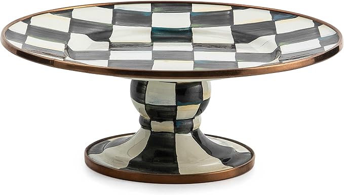MACKENZIE-CHILDS Enamel Pedestal Serving Platter, Decorative Serving Dish for Food, Mini, Black-and-White Courtly Check