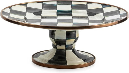 MACKENZIE-CHILDS Enamel Pedestal Serving Platter, Decorative Serving Dish for Food, Mini, Black-and-White Courtly Check