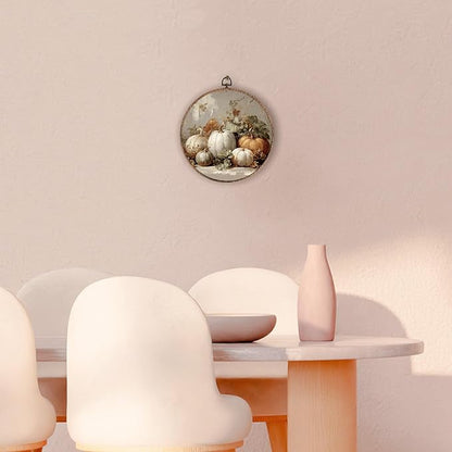 Hxlac Vintage Fall Pumpkin Maple Leaves Round Wall Art Framed, Fall Halloween Pumpkin Round Wall Decor, Vintage Autumn Hanging Canvas Prints Wall Sculptures for Farmhouse Home Decor, 10x10 Inch