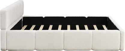 Christopher Knight Home Hazel King Size Platform Bed, Boucle Thick Headboard and Footboard, Upholstery Grounded Beds, Block Style, Wood Slats Panel Support, No Spring Box Needed, Easy Assembly, White