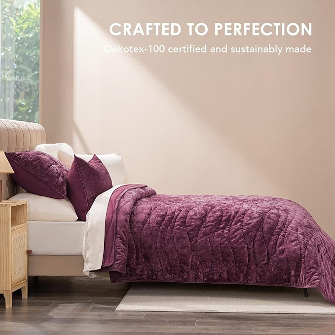 EVERGRACE Luxury Velvet Quilt King Size, Ultra Soft Wave Crushed Velvet Bedding Set, Lightweight Quilted Comforter Set for All Season, Oversized Bedspread Coverlet with 2 Shams, Mauve Purple