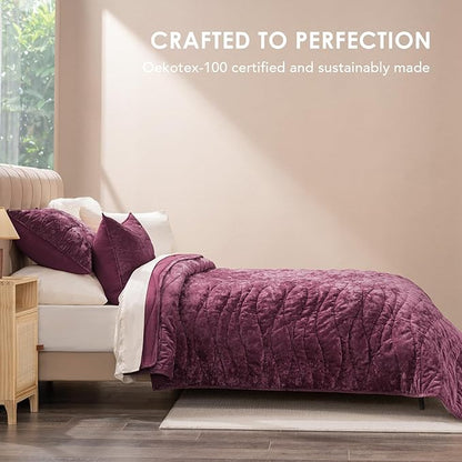 EVERGRACE Luxury Velvet Quilt King Size, Ultra Soft Wave Crushed Velvet Bedding Set, Lightweight Quilted Comforter Set for All Season, Oversized Bedspread Coverlet with 2 Shams, Mauve Purple